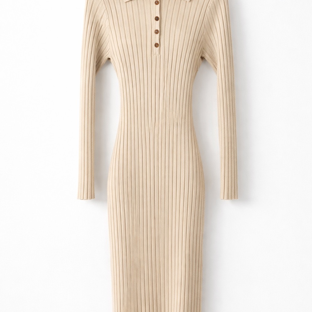 MEROKEETY Ribbed Knit Midi Sweater Dress Button Front Collared